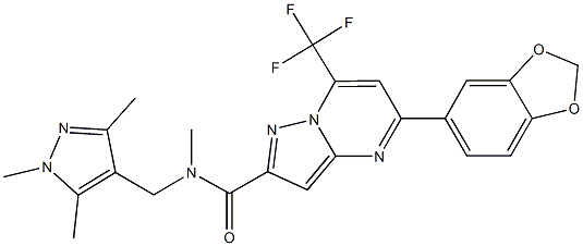 5-(1,3-benzodioxol-5-yl)-N-methyl-7-(trifluoromethyl)-N-[(1,3,5-trimethyl-1H-pyrazol-4-yl)methyl]pyrazolo[1,5-a]pyrimidine-2-carboxamide 구조식 이미지