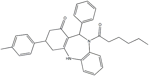 10-hexanoyl-3-(4-methylphenyl)-11-phenyl-2,3,4,5,10,11-hexahydro-1H-dibenzo[b,e][1,4]diazepin-1-one Structure