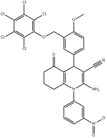2-amino-1-{3-nitrophenyl}-4-{4-methoxy-3-[(2,3,4,5,6-pentachlorophenoxy)methyl]phenyl}-5-oxo-1,4,5,6,7,8-hexahydroquinoline-3-carbonitrile 구조식 이미지
