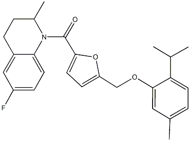 {5-[(6-fluoro-2-methyl-3,4-dihydro-1(2H)-quinolinyl)carbonyl]-2-furyl}methyl 2-isopropyl-5-methylphenyl ether Structure