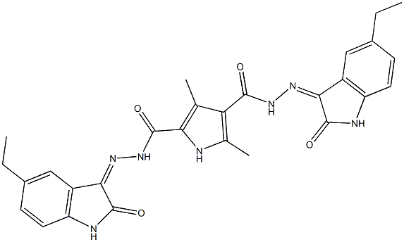 N'~2~,N'~4~-bis(5-ethyl-2-oxo-1,2-dihydro-3H-indol-3-ylidene)-3,5-dimethyl-1H-pyrrole-2,4-dicarbohydrazide 구조식 이미지