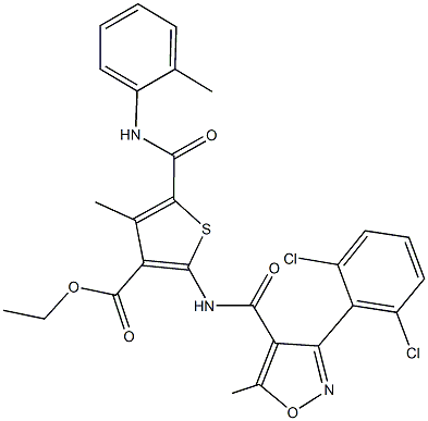 ethyl 2-({[3-(2,6-dichlorophenyl)-5-methyl-4-isoxazolyl]carbonyl}amino)-4-methyl-5-(2-toluidinocarbonyl)-3-thiophenecarboxylate Structure