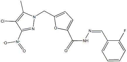 5-({4-chloro-3-nitro-5-methyl-1H-pyrazol-1-yl}methyl)-N'-(2-fluorobenzylidene)-2-furohydrazide Structure