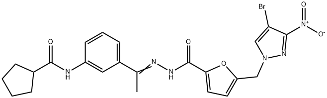 N-(3-{N-[5-({4-bromo-3-nitro-1H-pyrazol-1-yl}methyl)-2-furoyl]ethanehydrazonoyl}phenyl)cyclopentanecarboxamide Structure