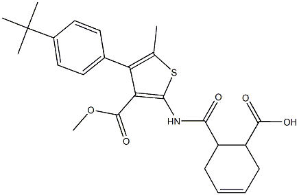 6-({[4-(4-tert-butylphenyl)-3-(methoxycarbonyl)-5-methyl-2-thienyl]amino}carbonyl)-3-cyclohexene-1-carboxylic acid Structure