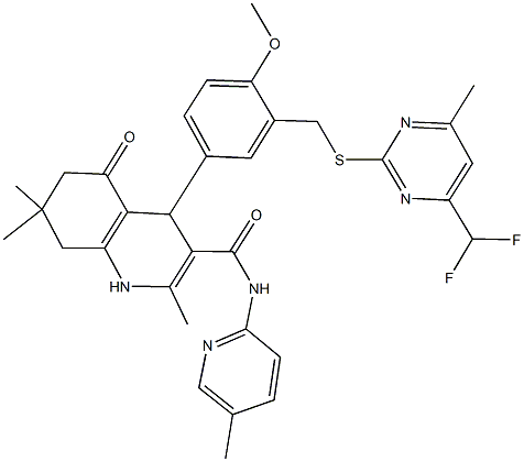 4-[3-({[4-(difluoromethyl)-6-methyl-2-pyrimidinyl]sulfanyl}methyl)-4-methoxyphenyl]-2,7,7-trimethyl-N-(5-methyl-2-pyridinyl)-5-oxo-1,4,5,6,7,8-hexahydro-3-quinolinecarboxamide Structure