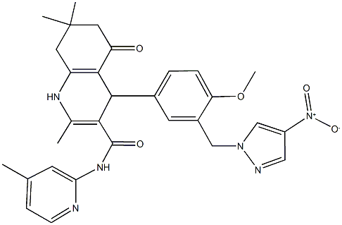 4-[3-({4-nitro-1H-pyrazol-1-yl}methyl)-4-methoxyphenyl]-2,7,7-trimethyl-N-(4-methyl-2-pyridinyl)-5-oxo-1,4,5,6,7,8-hexahydro-3-quinolinecarboxamide 구조식 이미지