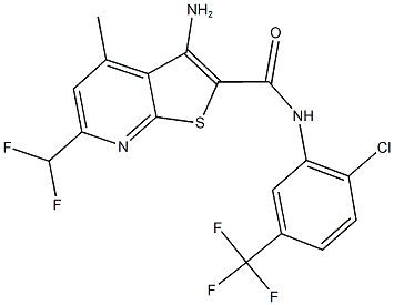 3-amino-N-[2-chloro-5-(trifluoromethyl)phenyl]-6-(difluoromethyl)-4-methylthieno[2,3-b]pyridine-2-carboxamide 구조식 이미지