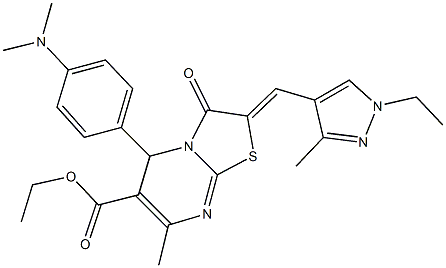 ethyl 5-[4-(dimethylamino)phenyl]-2-[(1-ethyl-3-methyl-1H-pyrazol-4-yl)methylene]-7-methyl-3-oxo-2,3-dihydro-5H-[1,3]thiazolo[3,2-a]pyrimidine-6-carboxylate Structure