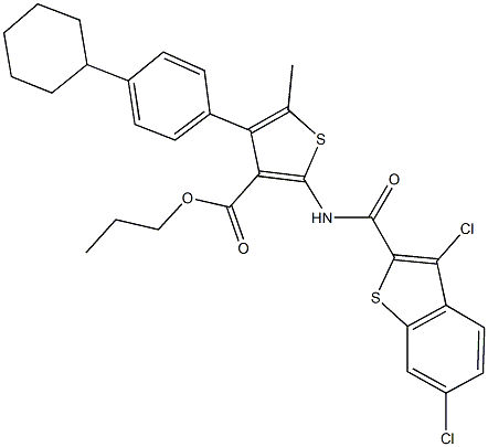 propyl 4-(4-cyclohexylphenyl)-2-{[(3,6-dichloro-1-benzothien-2-yl)carbonyl]amino}-5-methyl-3-thiophenecarboxylate 구조식 이미지