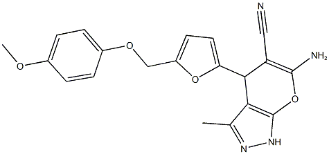 6-amino-4-{5-[(4-methoxyphenoxy)methyl]-2-furyl}-3-methyl-1,4-dihydropyrano[2,3-c]pyrazole-5-carbonitrile Structure