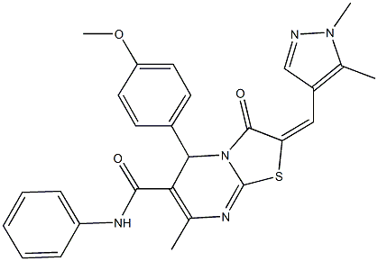 2-[(1,5-dimethyl-1H-pyrazol-4-yl)methylene]-5-(4-methoxyphenyl)-7-methyl-3-oxo-N-phenyl-2,3-dihydro-5H-[1,3]thiazolo[3,2-a]pyrimidine-6-carboxamide 구조식 이미지