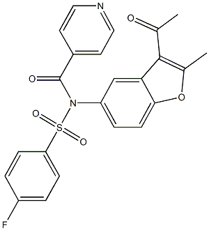 N-(3-acetyl-2-methyl-1-benzofuran-5-yl)-4-fluoro-N-isonicotinoylbenzenesulfonamide 구조식 이미지