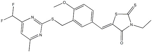 5-[3-({[4-(difluoromethyl)-6-methyl-2-pyrimidinyl]sulfanyl}methyl)-4-methoxybenzylidene]-3-ethyl-2-thioxo-1,3-thiazolidin-4-one Structure