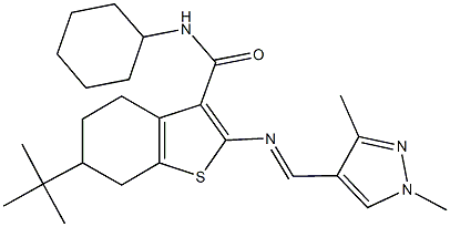 6-tert-butyl-N-cyclohexyl-2-{[(1,3-dimethyl-1H-pyrazol-4-yl)methylene]amino}-4,5,6,7-tetrahydro-1-benzothiophene-3-carboxamide 구조식 이미지