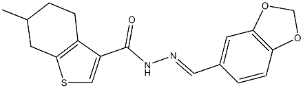 N'-(1,3-benzodioxol-5-ylmethylene)-6-methyl-4,5,6,7-tetrahydro-1-benzothiophene-3-carbohydrazide 구조식 이미지