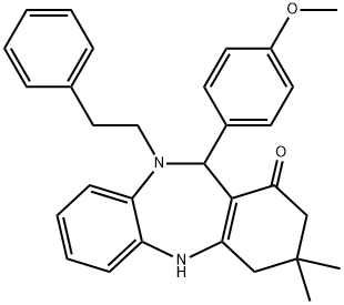 11-(4-methoxyphenyl)-3,3-dimethyl-10-(2-phenylethyl)-2,3,4,5,10,11-hexahydro-1H-dibenzo[b,e][1,4]diazepin-1-one 구조식 이미지