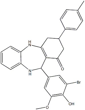 11-(3-bromo-4-hydroxy-5-methoxyphenyl)-3-(4-methylphenyl)-2,3,4,5,10,11-hexahydro-1H-dibenzo[b,e][1,4]diazepin-1-one 구조식 이미지