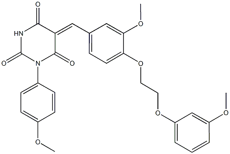 5-{3-methoxy-4-[2-(3-methoxyphenoxy)ethoxy]benzylidene}-1-(4-methoxyphenyl)-2,4,6(1H,3H,5H)-pyrimidinetrione 구조식 이미지