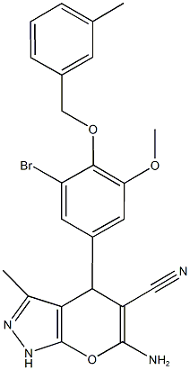 6-amino-4-{3-bromo-5-methoxy-4-[(3-methylbenzyl)oxy]phenyl}-3-methyl-1,4-dihydropyrano[2,3-c]pyrazole-5-carbonitrile 구조식 이미지