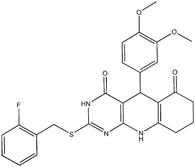 5-(3,4-dimethoxyphenyl)-2-[(2-fluorobenzyl)sulfanyl]-5,8,9,10-tetrahydropyrimido[4,5-b]quinoline-4,6(3H,7H)-dione Structure