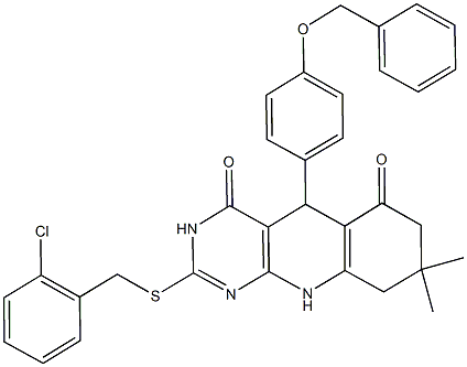 5-[4-(benzyloxy)phenyl]-2-[(2-chlorobenzyl)sulfanyl]-8,8-dimethyl-5,8,9,10-tetrahydropyrimido[4,5-b]quinoline-4,6(3H,7H)-dione 구조식 이미지