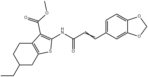 methyl 2-{[3-(1,3-benzodioxol-5-yl)acryloyl]amino}-6-ethyl-4,5,6,7-tetrahydro-1-benzothiophene-3-carboxylate 구조식 이미지