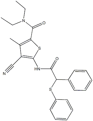 4-cyano-N,N-diethyl-3-methyl-5-{[phenyl(phenylsulfanyl)acetyl]amino}-2-thiophenecarboxamide 구조식 이미지