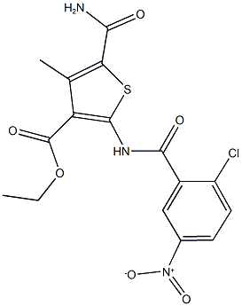 ethyl 5-(aminocarbonyl)-2-({2-chloro-5-nitrobenzoyl}amino)-4-methyl-3-thiophenecarboxylate Structure