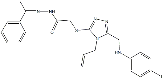 2-({4-allyl-5-[(4-iodoanilino)methyl]-4H-1,2,4-triazol-3-yl}sulfanyl)-N'-(1-phenylethylidene)acetohydrazide 구조식 이미지