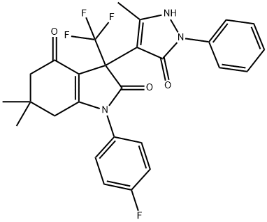 1-(4-fluorophenyl)-6,6-dimethyl-3-(5-methyl-3-oxo-2-phenyl-2,3-dihydro-1H-pyrazol-4-yl)-3-(trifluoromethyl)-3,5,6,7-tetrahydro-1H-indole-2,4-dione Structure