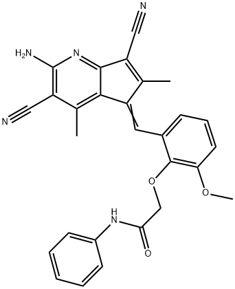2-{2-[(2-amino-3,7-dicyano-4,6-dimethyl-5H-cyclopenta[b]pyridin-5-ylidene)methyl]-6-methoxyphenoxy}-N-phenylacetamide 구조식 이미지