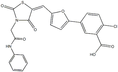 5-(5-{[3-(2-anilino-2-oxoethyl)-2,4-dioxo-1,3-thiazolidin-5-ylidene]methyl}-2-furyl)-2-chlorobenzoic acid Structure