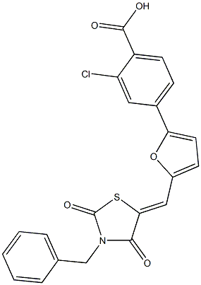 4-{5-[(3-benzyl-2,4-dioxo-1,3-thiazolidin-5-ylidene)methyl]-2-furyl}-2-chlorobenzoic acid Structure