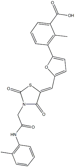 3-[5-({2,4-dioxo-3-[2-oxo-2-(2-toluidino)ethyl]-1,3-thiazolidin-5-ylidene}methyl)-2-furyl]-2-methylbenzoic acid Structure