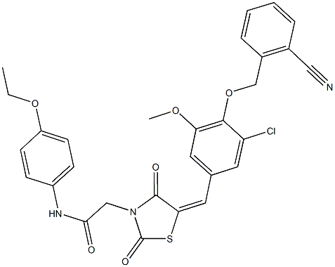 2-(5-{3-chloro-4-[(2-cyanobenzyl)oxy]-5-methoxybenzylidene}-2,4-dioxo-1,3-thiazolidin-3-yl)-N-(4-ethoxyphenyl)acetamide Structure