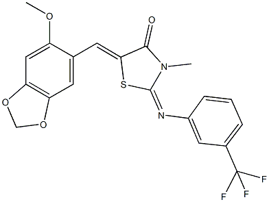 5-[(6-methoxy-1,3-benzodioxol-5-yl)methylene]-3-methyl-2-{[3-(trifluoromethyl)phenyl]imino}-1,3-thiazolidin-4-one 구조식 이미지