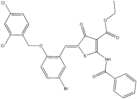 ethyl 2-(benzoylamino)-5-{5-bromo-2-[(2,4-dichlorobenzyl)oxy]benzylidene}-4-oxo-4,5-dihydro-3-thiophenecarboxylate 구조식 이미지