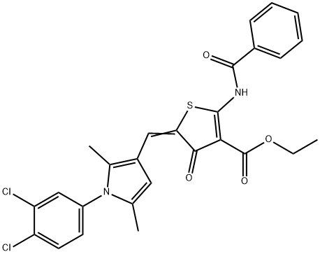 ethyl 2-(benzoylamino)-5-{[1-(3,4-dichlorophenyl)-2,5-dimethyl-1H-pyrrol-3-yl]methylene}-4-oxo-4,5-dihydro-3-thiophenecarboxylate 구조식 이미지