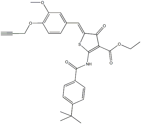 ethyl 2-[(4-tert-butylbenzoyl)amino]-5-[3-methoxy-4-(2-propynyloxy)benzylidene]-4-oxo-4,5-dihydro-3-thiophenecarboxylate 구조식 이미지