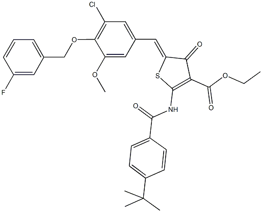 ethyl 2-[(4-tert-butylbenzoyl)amino]-5-{3-chloro-4-[(3-fluorobenzyl)oxy]-5-methoxybenzylidene}-4-oxo-4,5-dihydro-3-thiophenecarboxylate 구조식 이미지