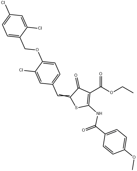 ethyl 5-{3-chloro-4-[(2,4-dichlorobenzyl)oxy]benzylidene}-2-[(4-methoxybenzoyl)amino]-4-oxo-4,5-dihydro-3-thiophenecarboxylate 구조식 이미지