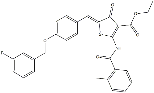 ethyl 5-{4-[(3-fluorobenzyl)oxy]benzylidene}-2-[(2-methylbenzoyl)amino]-4-oxo-4,5-dihydro-3-thiophenecarboxylate Structure
