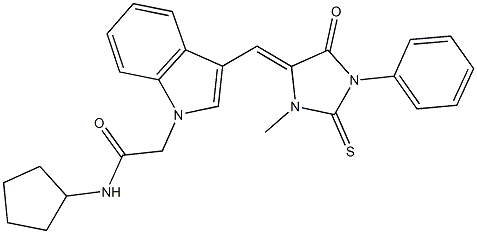 N-cyclopentyl-2-{3-[(3-methyl-5-oxo-1-phenyl-2-thioxo-4-imidazolidinylidene)methyl]-1H-indol-1-yl}acetamide Structure