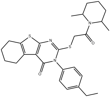 2-{[2-(2,6-dimethyl-1-piperidinyl)-2-oxoethyl]sulfanyl}-3-(4-ethylphenyl)-5,6,7,8-tetrahydro[1]benzothieno[2,3-d]pyrimidin-4(3H)-one 구조식 이미지