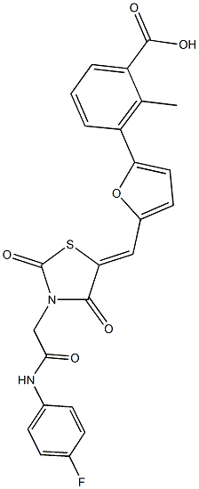 3-[5-({3-[2-(4-fluoroanilino)-2-oxoethyl]-2,4-dioxo-1,3-thiazolidin-5-ylidene}methyl)-2-furyl]-2-methylbenzoic acid Structure