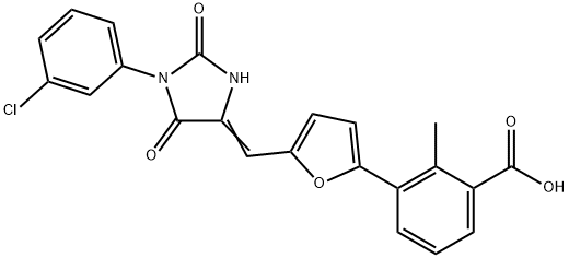 3-(5-{[1-(3-chlorophenyl)-2,5-dioxo-4-imidazolidinylidene]methyl}-2-furyl)-2-methylbenzoic acid Structure