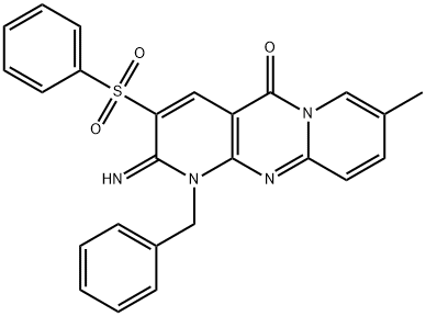 1-benzyl-2-imino-8-methyl-3-(phenylsulfonyl)-1,2-dihydro-5H-dipyrido[1,2-a:2,3-d]pyrimidin-5-one 구조식 이미지