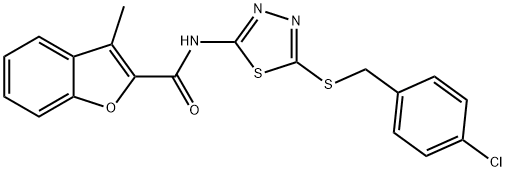 N-{5-[(4-chlorobenzyl)sulfanyl]-1,3,4-thiadiazol-2-yl}-3-methyl-1-benzofuran-2-carboxamide 구조식 이미지