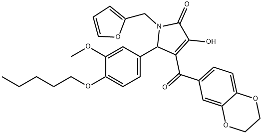 4-(2,3-dihydro-1,4-benzodioxin-6-ylcarbonyl)-1-(2-furylmethyl)-3-hydroxy-5-[3-methoxy-4-(pentyloxy)phenyl]-1,5-dihydro-2H-pyrrol-2-one 구조식 이미지